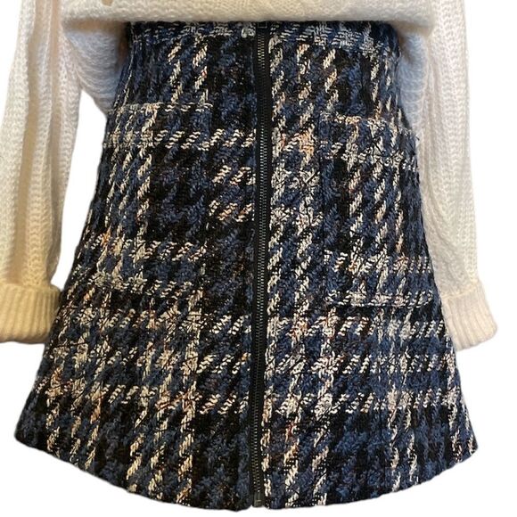 Parker Krista Tweed Blue Plaid Mini Zip Up Pencil Skirt - Picture 1 of 9